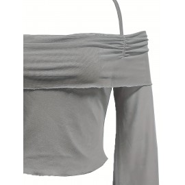 Solid Flared Sleeve Blouse, Casual Halter Neck Ruched Blouse, Women's Clothing