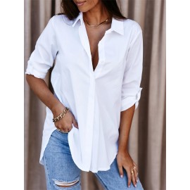 Solid Button Down Shirt, Casual Roll Up Sleeve Curved Hem Shirt, Women's Clothing