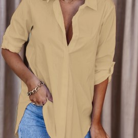 Solid Button Down Shirt, Casual Roll Up Sleeve Curved Hem Shirt, Women's Clothing