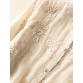 Contrast Trim Button Front Blouse, Casual Three-quarter Sleeve Blouse For Spring & Summer, Women's Clothing