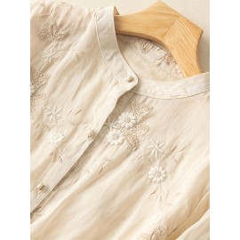 Contrast Trim Button Front Blouse, Casual Three-quarter Sleeve Blouse For Spring & Summer, Women's Clothing