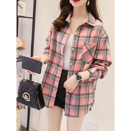 Plaid Pocket Drop Shoulder Shirt, Button Long Sleeve Shirt, Casual Every Day Tops, Women's Clothing