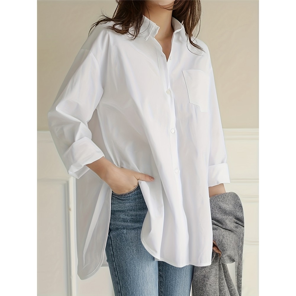 Solid Button Front Curved Hem Shirt, Casual Long Sleeve Shirt For Spring & Fall, Women's Clothing
