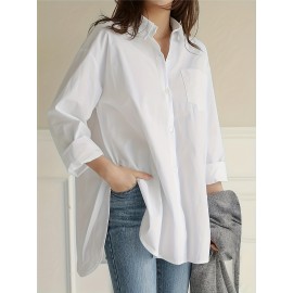 Solid Button Front Curved Hem Shirt, Casual Long Sleeve Shirt For Spring & Fall, Women's Clothing