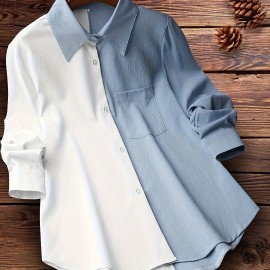 Colorblock Polo Collar Button Shirt, Casual Long Sleeve Shirt For Spring & Fall, Women's Clothing