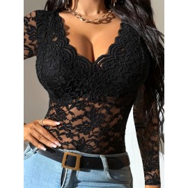 Solid Lace Blouse, Elegant V Neck Long Sleeve Slim Blouse, Women's Clothing