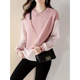 Contrast Striped Crew Neck Blouse, Elegant Long Sleeve Split Side Blouse For Spring & Fall, Women's Clothing