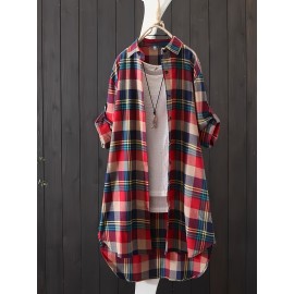 Plaid Print Button Front Shirt, Thigh Length Long Sleeve Shirt For Spring & Fall, Women's Clothing