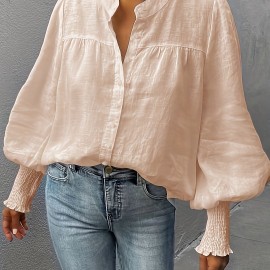 Lantern Sleeve Shirred Blouse, Casual Button Front Solid Blouse, Women's Clothing