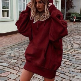 Solid Color Kangaroo Pocket Hoodie, Casual Long Sleeve Thigh Length Drawstring Hoodie Sweatshirt, Women's Clothing