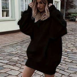 Solid Color Kangaroo Pocket Hoodie, Casual Long Sleeve Thigh Length Drawstring Hoodie Sweatshirt, Women's Clothing