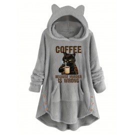 Graphic Print Fluffy Loose Cat Ears Hoodie, Casual Hooded Pocket Fashion Long Sleeve Sweatshirt, Women's Clothing