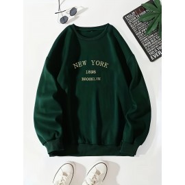 New York Brooklyn Print Loose Sweatshirt, Casual Long Sleeve Crew Neck Sweatshirt, Women's Clothing