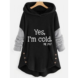 Letter Print Color Block Teddy Hoodie, Casual Long Sleeve Plush Hoodie Sweatshirt, Women's Clothing