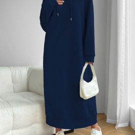 Solid Drawstring Hooded Dress, Casual Long Sleeve Loose Dress, Women's Clothing