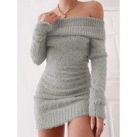 Off Shoulder Fuzzy Dress, Casual Long Sleeve Bodycon Dress, Women's Clothing
