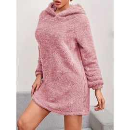 Solid Teddy Hooded Dress, Casual Long Sleeve Warm Dress, Women's Clothing