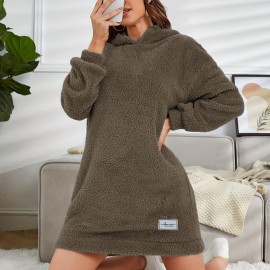 Hooded Teddy Dress, Casual Long Sleeve Simple Warm Dress, Women's Clothing
