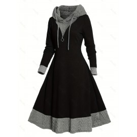 Contrast Trim Drawstring Hooded Dress, Casual Long Sleeve Dress For Spring & Fall, Women's Clothing