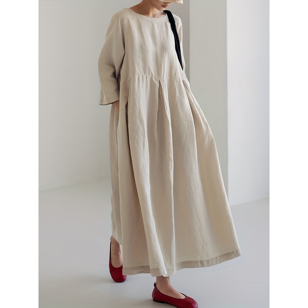 Solid Pleated Hem Maxi Dress, 3/4 Sleeve Loose Crew Neck Dress, Casual Dresses For Spring & Fall, Women's Clothing