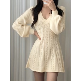 Solid Cable V Neck Sweater Dress, Casual Long Sleeve A Line Dress, Women's Clothing