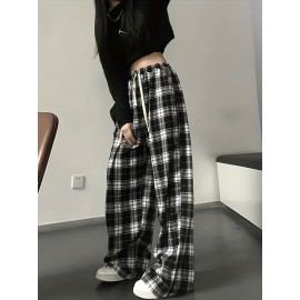 Plaid Drawstring Straight Leg Pants, Casual Loose Pants For Spring & Fall, Women's Clothing