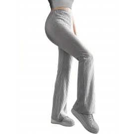 Solid Ribbed Knit Wide-Leg Pants, Causal High Waist Pants For Spring & Fall, Women's Clothing