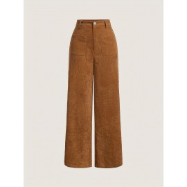 Solid Corduroy Straight Leg Pants, Vintage Patched Pocket Loose Pants, Women's Clothing