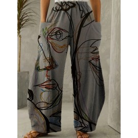 Women's Pants Casual Mid Waist Print Straight Wide Fashion Loose Pants