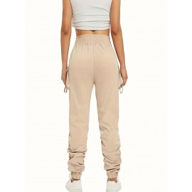 Ruched Solid Cargo Pants, Elegant High Waist Drawstring Pants With Pockets, Women's Clothing