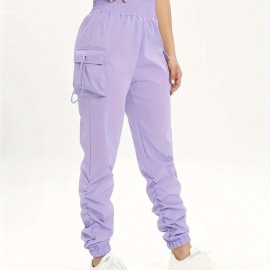 Ruched Solid Cargo Pants, Elegant High Waist Drawstring Pants With Pockets, Women's Clothing
