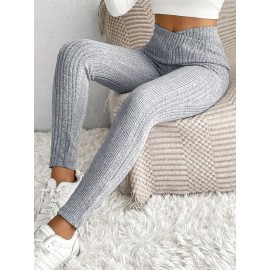 Solid Rib Knit Skinny Pants, Casual Crisscross Waist Daily Pants, Women's Clothing