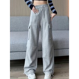 Solid Flap Pocket Loose Cargo Sweatpants, Casual Drawstring Pants For Spring & Fall, Women's Clothing