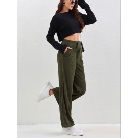 Solid Corduroy Straight Leg Pants, Casual High Waist Loose Pants With Pocket, Women's Clothing