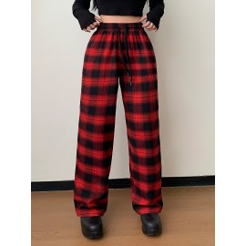 Plaid Print Straight Leg Pants, Casual Drawstring Waist Comfy Pants, Women's Clothing