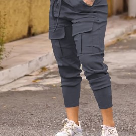 Solid Flap Pocket Jogger Cargo Pants, Casual Drawstring Pants For Spring & Fall, Women's Clothing