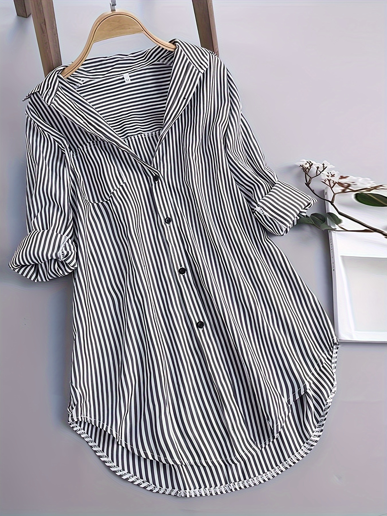 stripe print polo collar button shirt casual long sleeve shirt for spring fall womens clothing details 0