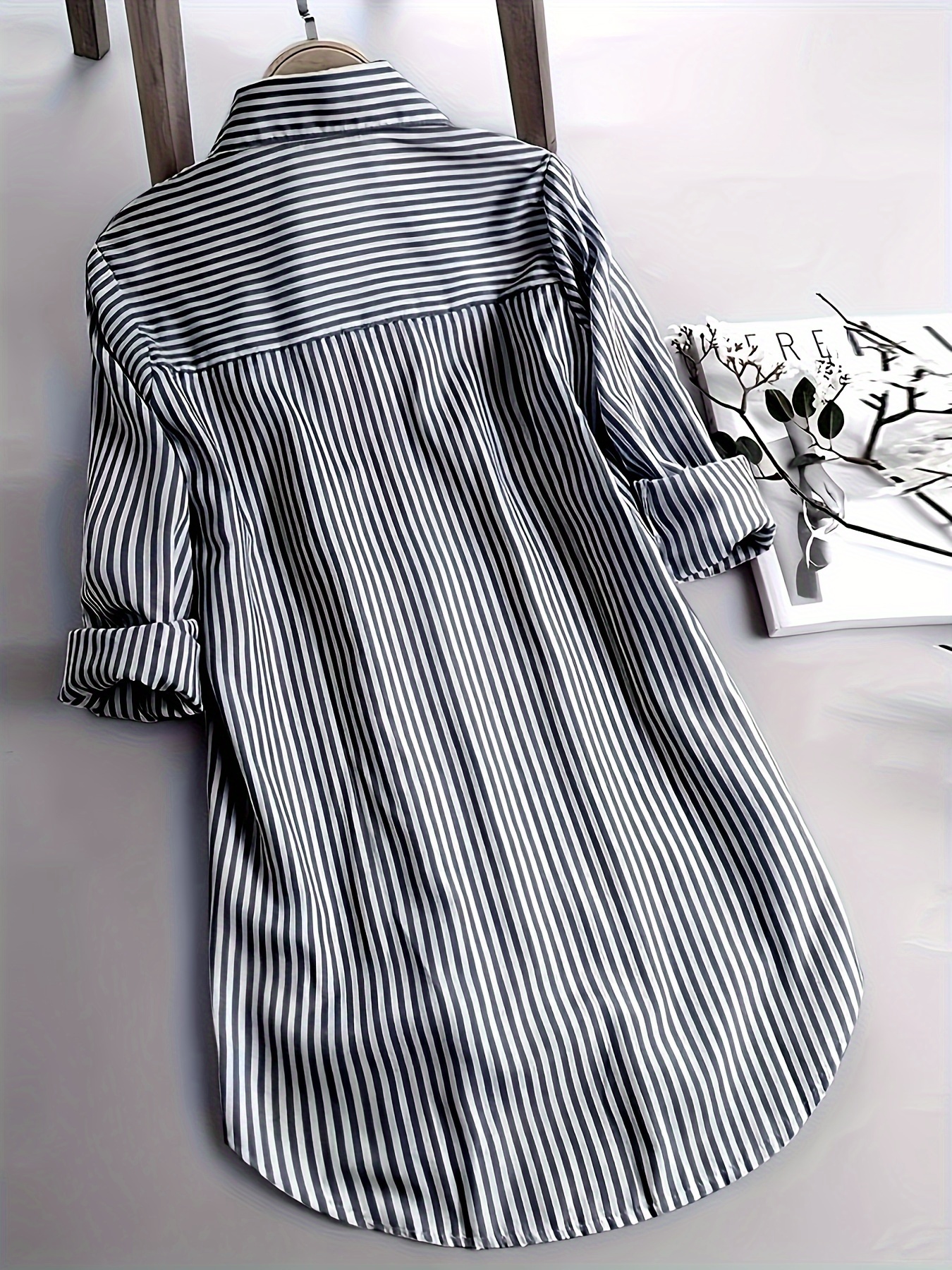 stripe print polo collar button shirt casual long sleeve shirt for spring fall womens clothing details 1