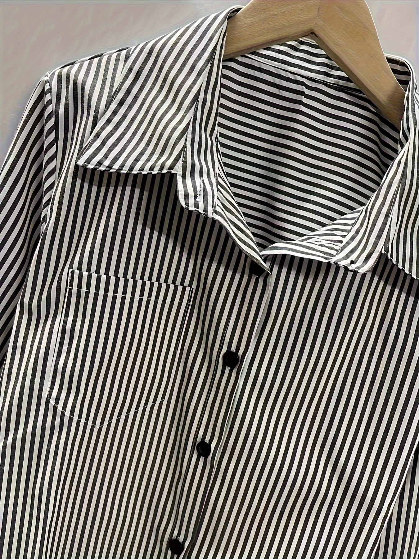 stripe print polo collar button shirt casual long sleeve shirt for spring fall womens clothing details 2