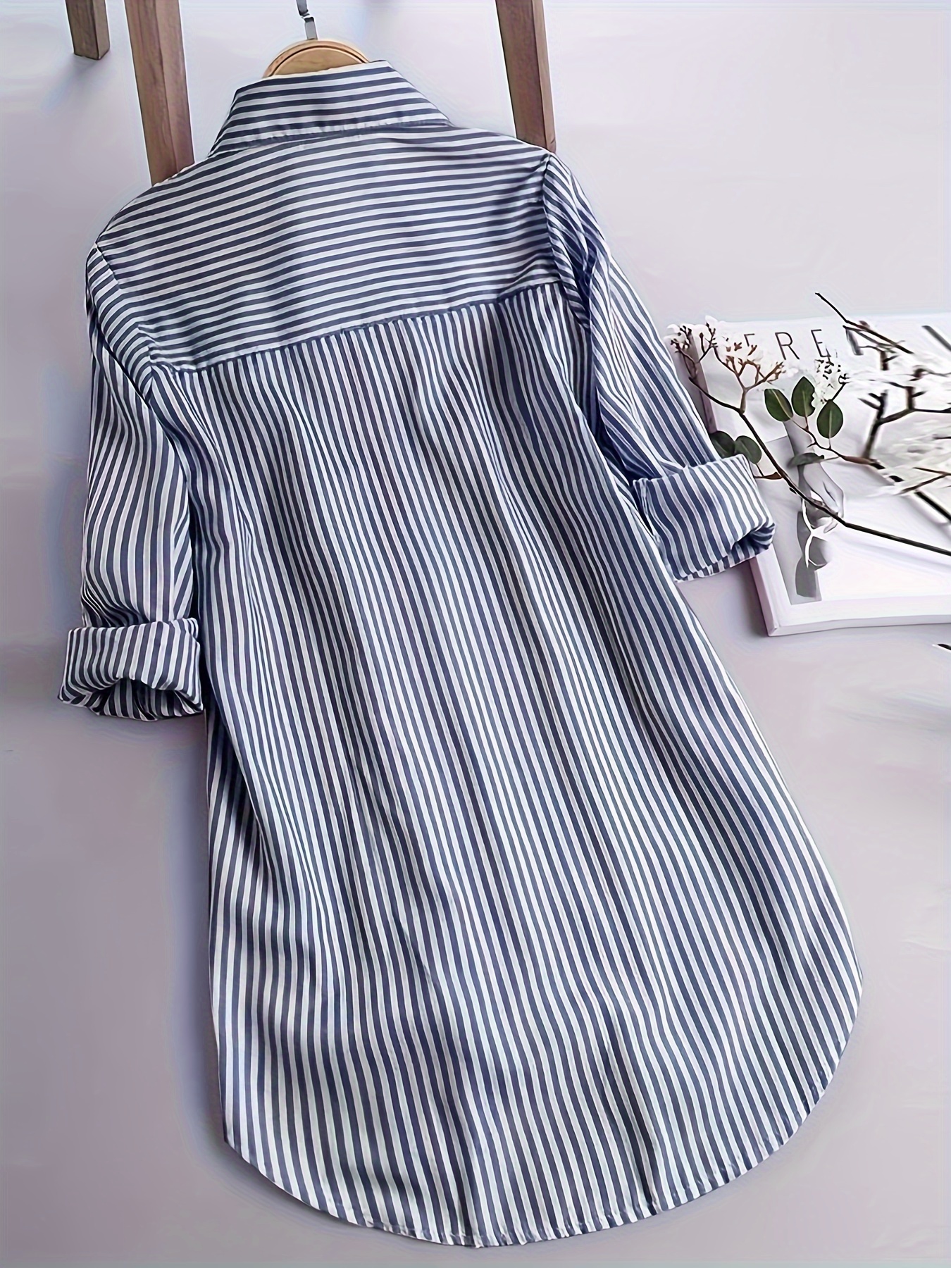 stripe print polo collar button shirt casual long sleeve shirt for spring fall womens clothing details 4