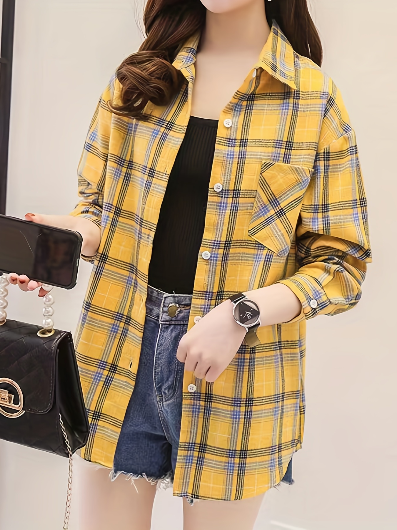 plaid pocket drop shoulder shirt button long sleeve shirt casual every day tops womens clothing details 6