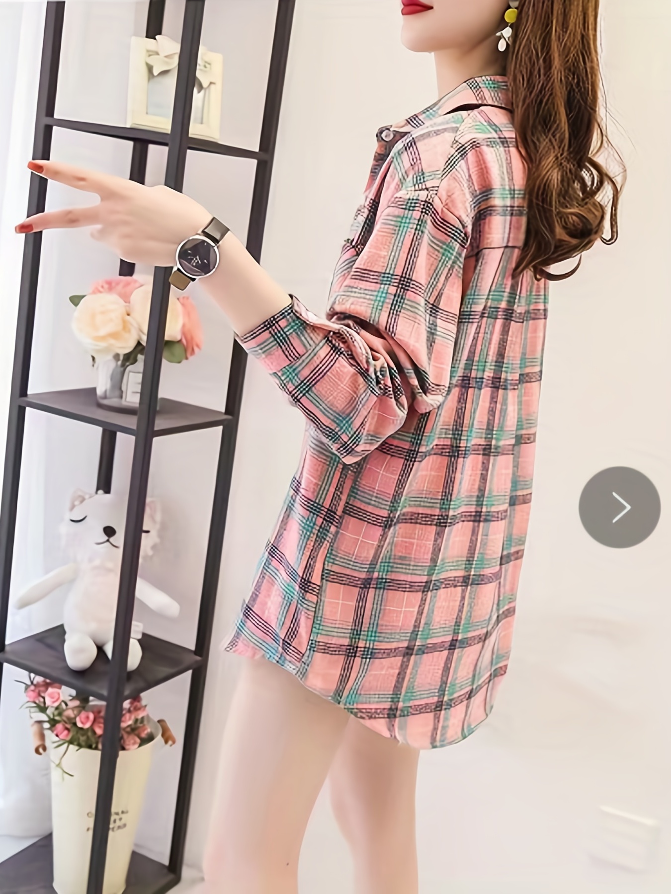 plaid pocket drop shoulder shirt button long sleeve shirt casual every day tops womens clothing details 9