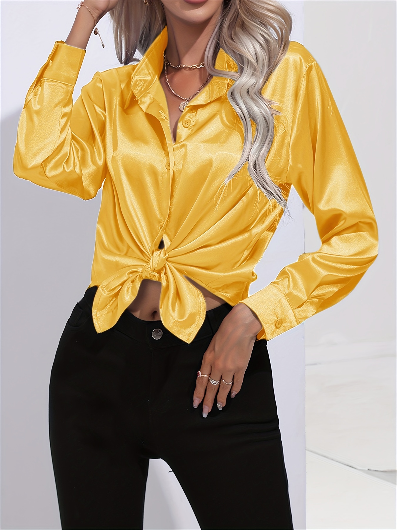 solid smoothly shirt, solid smoothly shirt elegant button front turn down collar long sleeve shirt womens clothing details 76