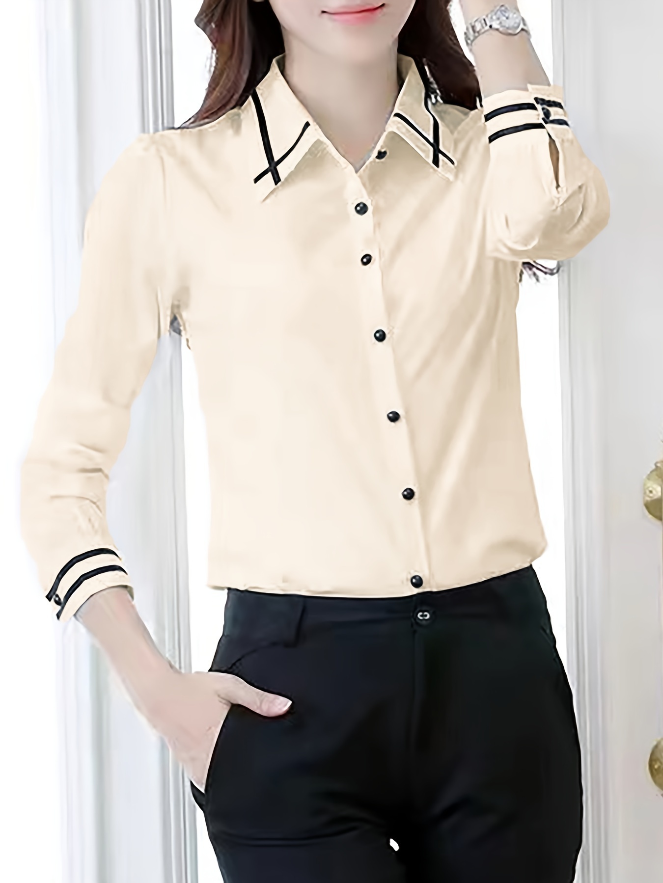 contrast trim button front shirt casual long sleeve shirt for spring fall womens clothing details 1