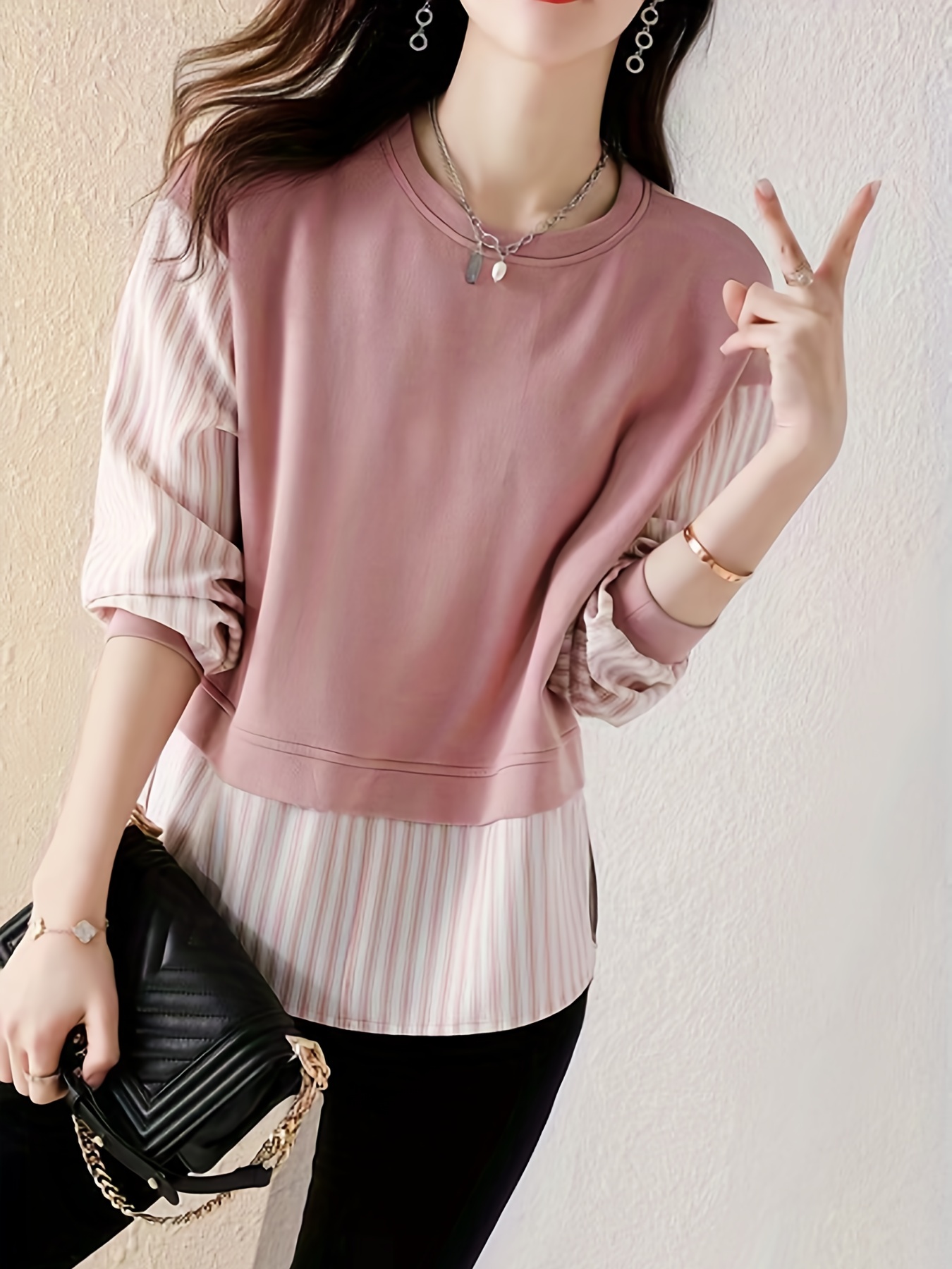 contrast striped crew neck blouse elegant long sleeve split side blouse for spring fall womens clothing details 6