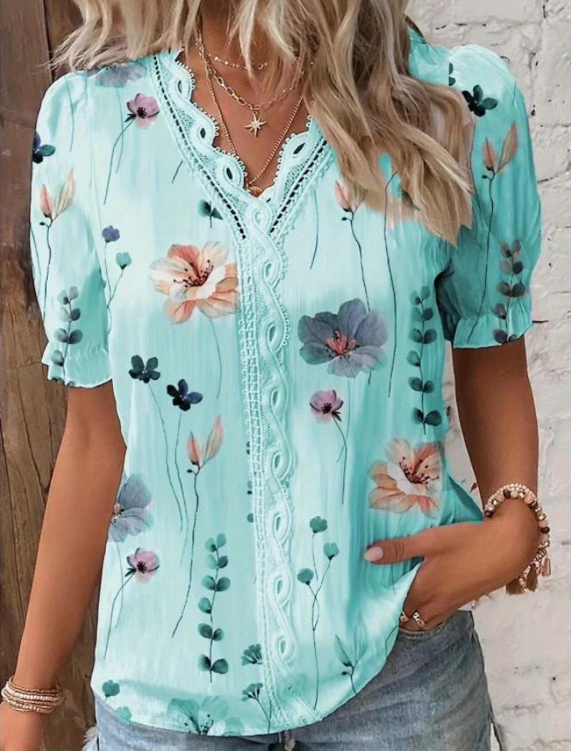 floral print v neck lace trim blouse boho puff sleeve blouse for summer womens clothing details 8