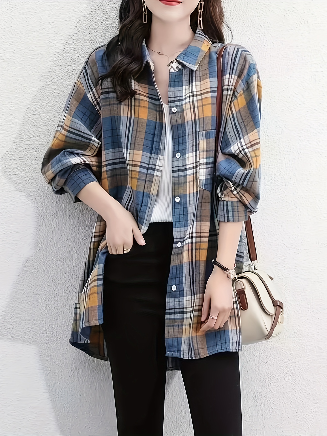 plaid print button front shirt, plaid print button front shirt elegant long sleeve lapel shirt womens clothing details 0