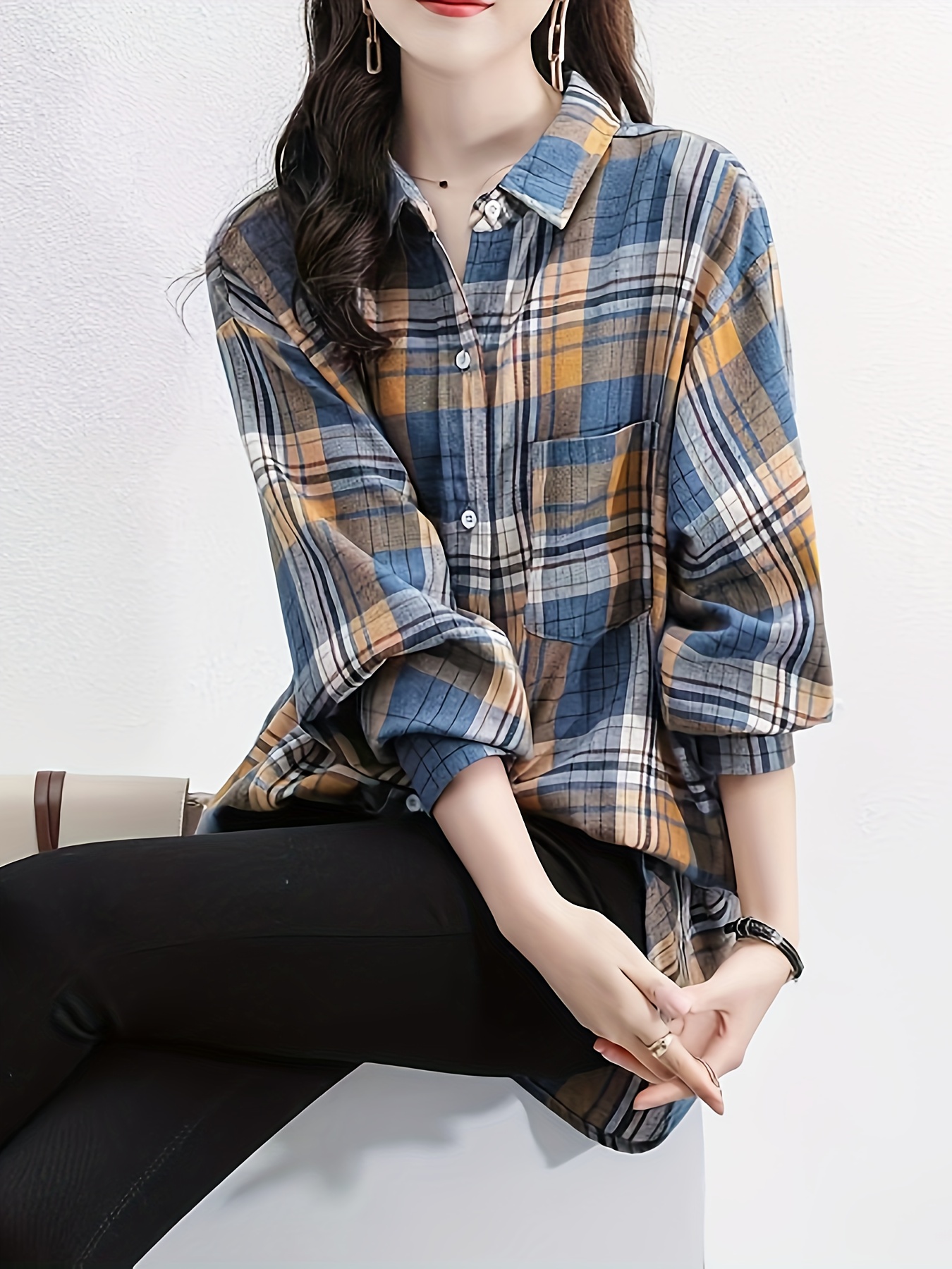 plaid print button front shirt, plaid print button front shirt elegant long sleeve lapel shirt womens clothing details 2