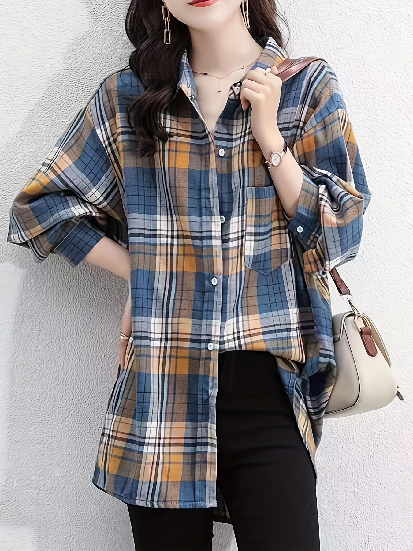 plaid print button front shirt, plaid print button front shirt elegant long sleeve lapel shirt womens clothing details 3