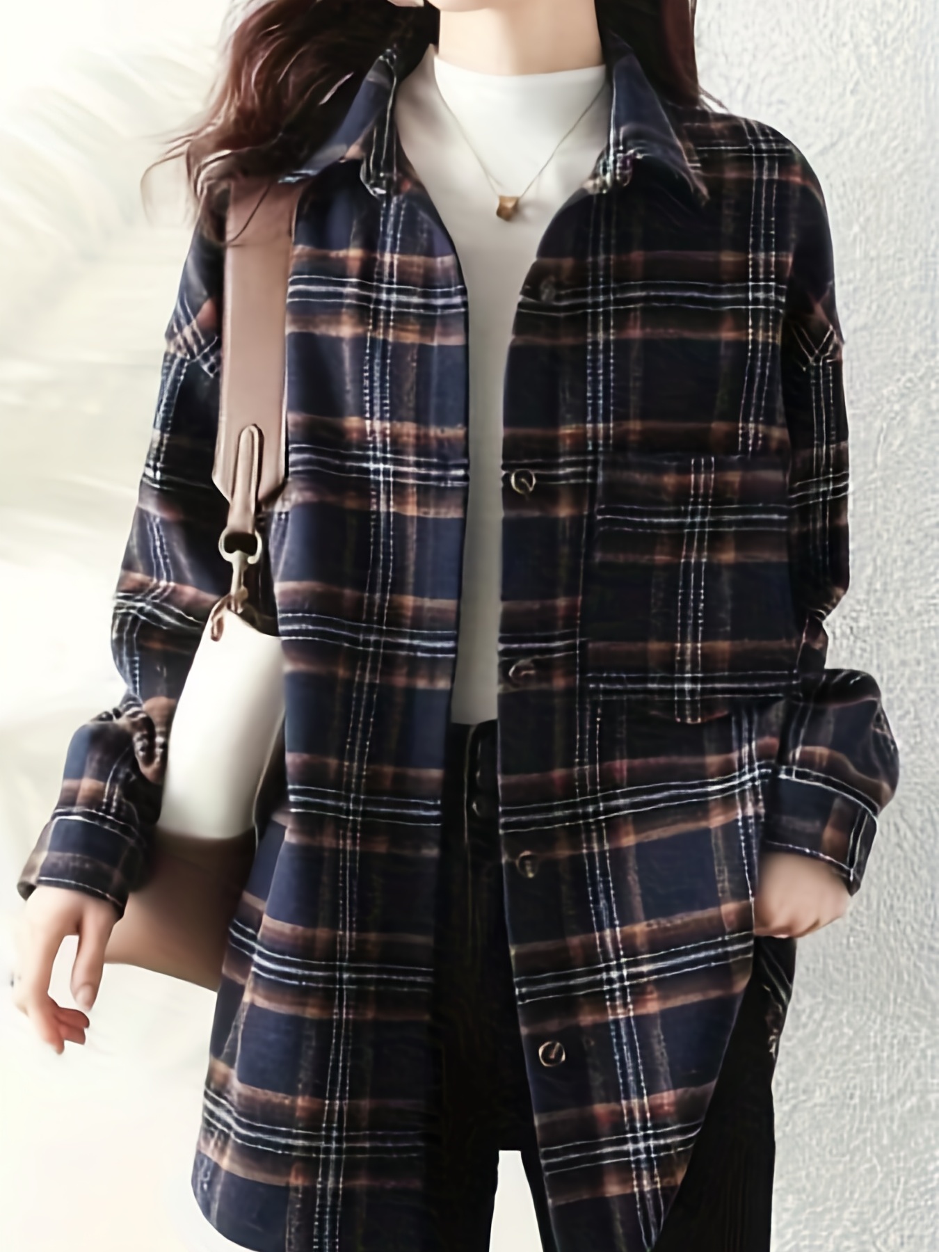 plaid print button front shirt, plaid print button front shirt elegant long sleeve lapel shirt womens clothing details 7